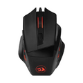 Black wired gaming mouse with red LED accents and a red dragon logo on the front, shown on a plain white background.