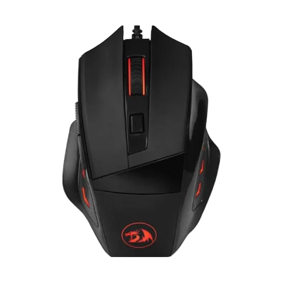 Black wired gaming mouse with red LED accents and a red dragon logo on the front, shown on a plain white background.