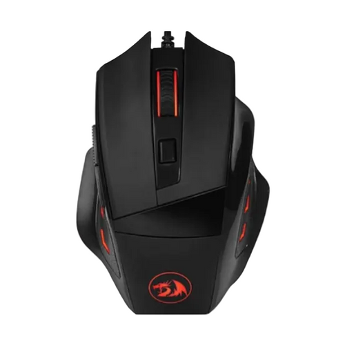 Black wired gaming mouse with red LED accents and a red dragon logo on the front, shown on a plain white background.