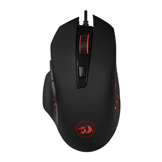 A black wired gaming mouse with red LED accents, featuring a textured scroll wheel, side buttons, and a red dragon logo on the palm rest, shown against a plain white background.
