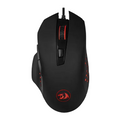 A black wired gaming mouse with red LED accents, featuring a textured scroll wheel, side buttons, and a red dragon logo on the palm rest, shown against a plain white background.
