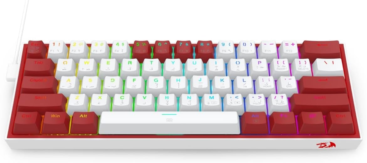 لوحة مفاتيح ميكانيكية Redragon K617 Fizz باللونين الأحمر والأبيض ومفاتيح حمراء RGB Compact 60%