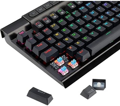Mechanical gaming keyboard close-up with RGB keys and macro area, black