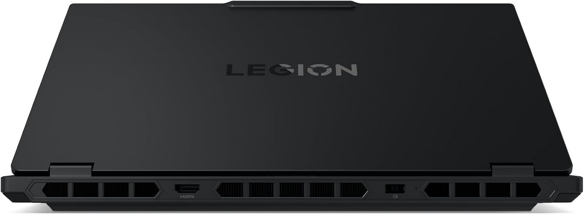 Lenovo Legion gaming laptop back view with ventilation grille and side ports, black.