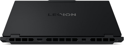 Lenovo Legion gaming laptop back view with ventilation grille and side ports, black.