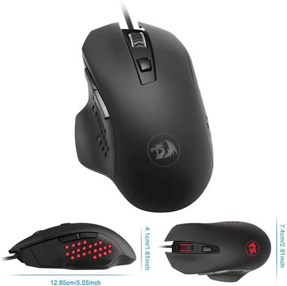 Black wired gaming mouse side view with thumb buttons and logo on body