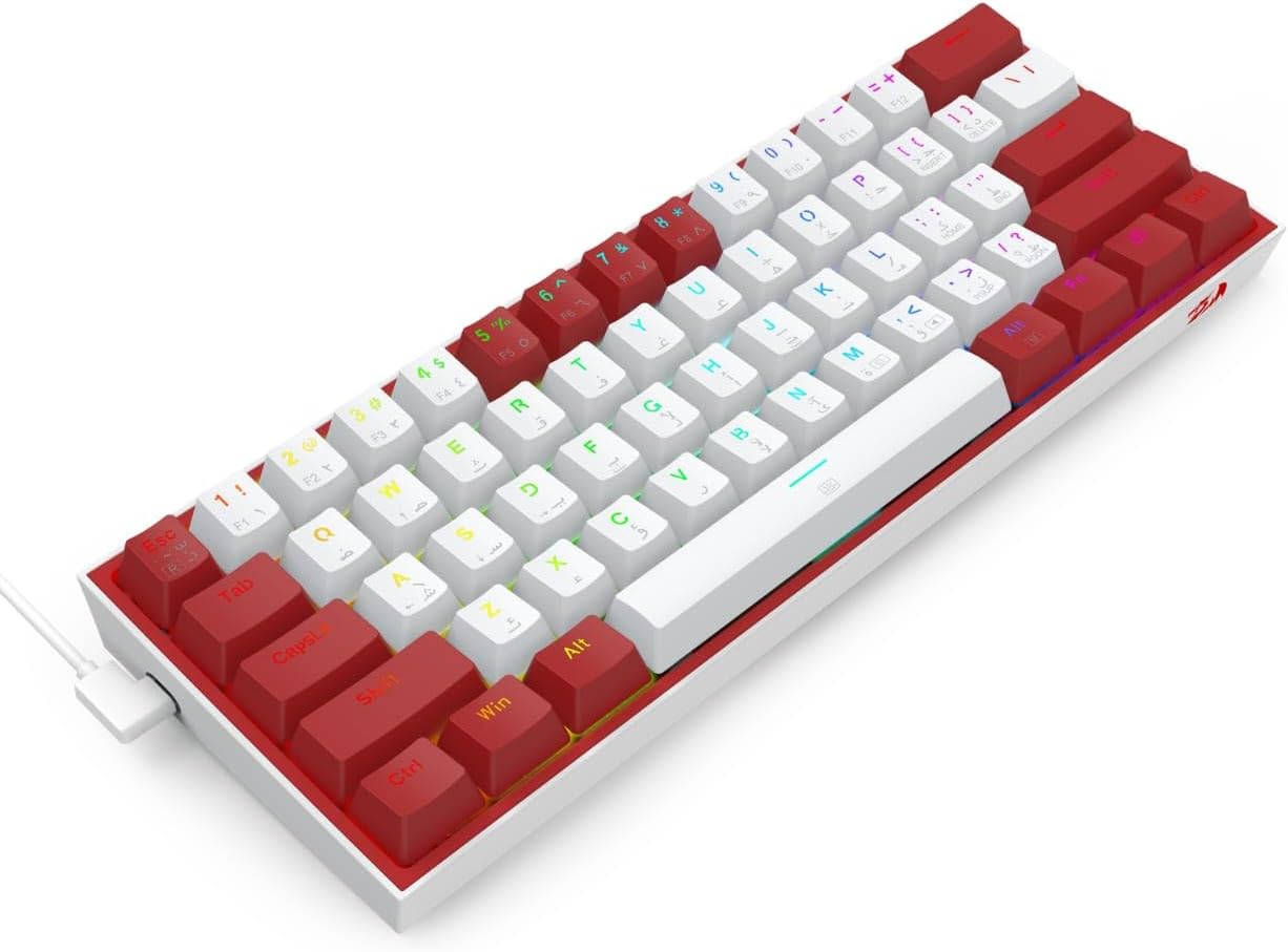 لوحة مفاتيح ميكانيكية Redragon K617 Fizz باللونين الأحمر والأبيض ومفاتيح حمراء RGB Compact 60%