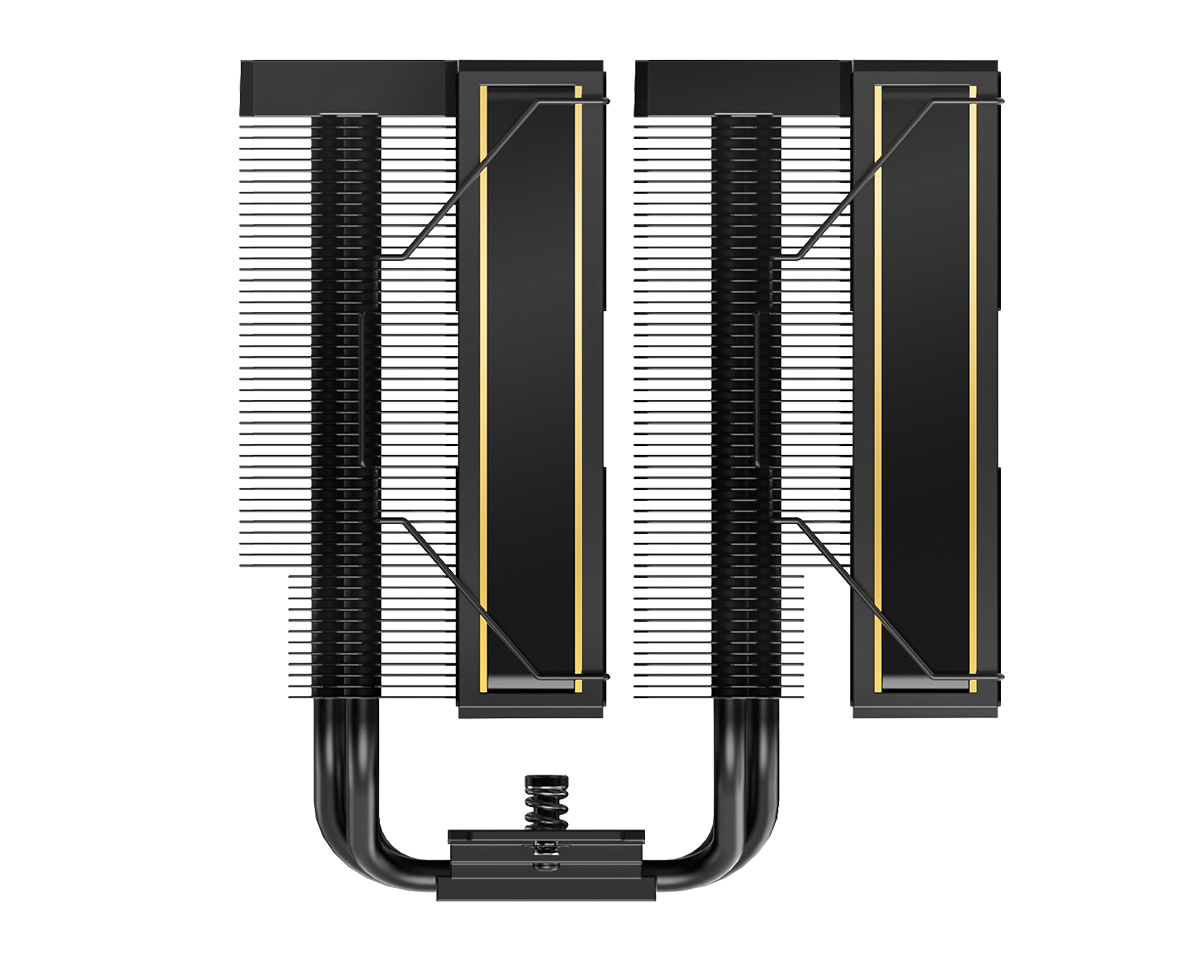 Dual tower CPU cooler diagram showing two fin stacks and heatpipes between brackets