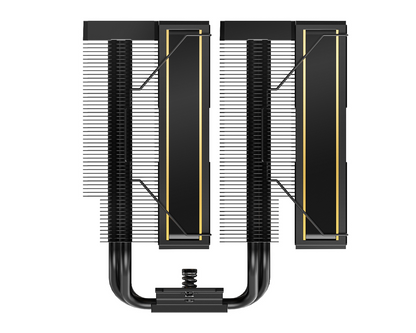 Dual tower CPU cooler diagram showing two fin stacks and heatpipes between brackets