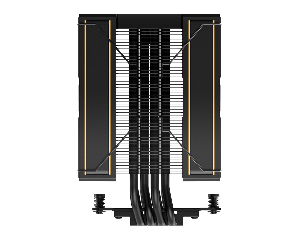 ID-COOLING black heatsink with exposed fins, heatpipes, and dual fan mounts