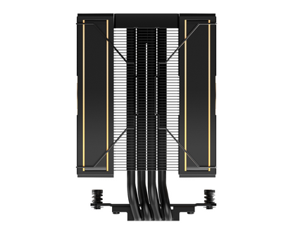 ID-COOLING black heatsink with exposed fins, heatpipes, and dual fan mounts