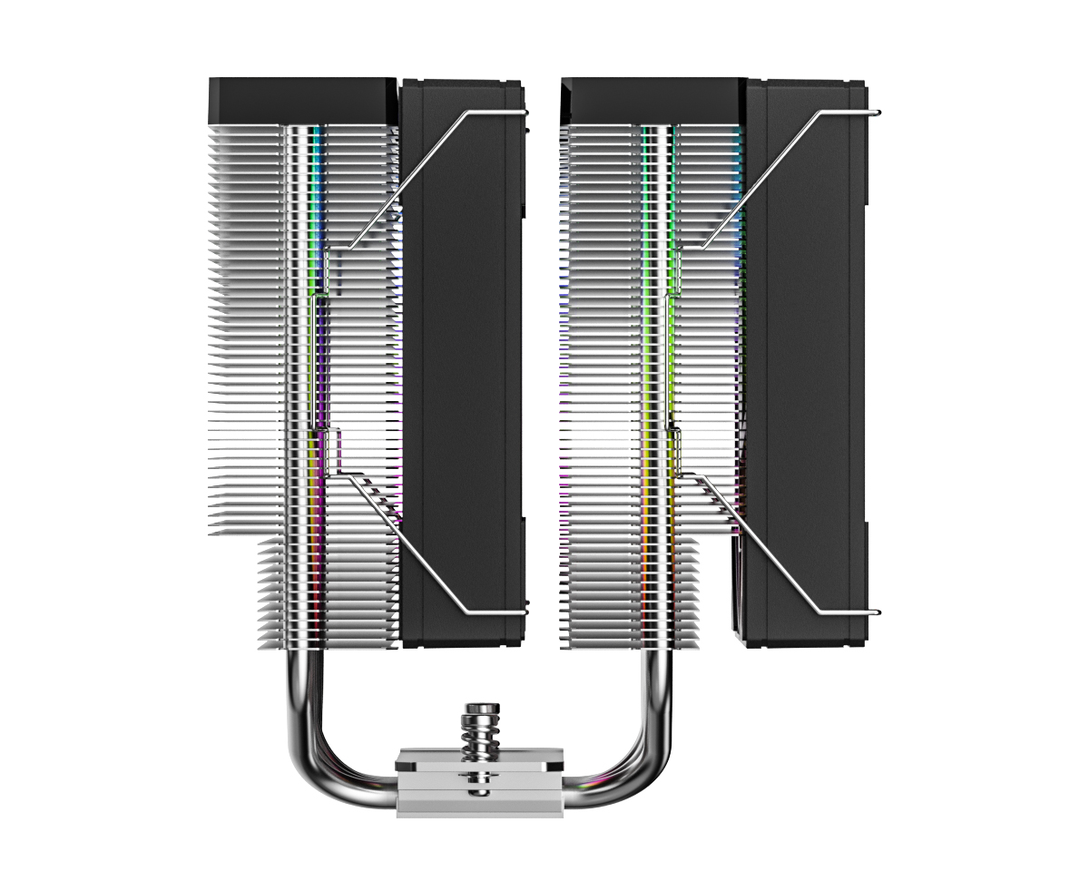 Dual-tower CPU cooler with ARGB-lit fins, black shrouds, and dual fans