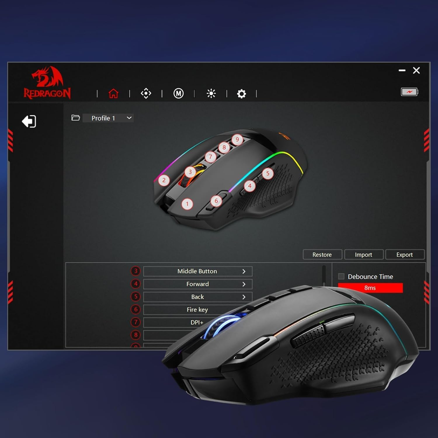 Redragon M991 RGB ENLIGHTENMENT PRO Wireless / Wired Rechargeable Gaming Mouse – 26000DPI – 9 MMO Buttons