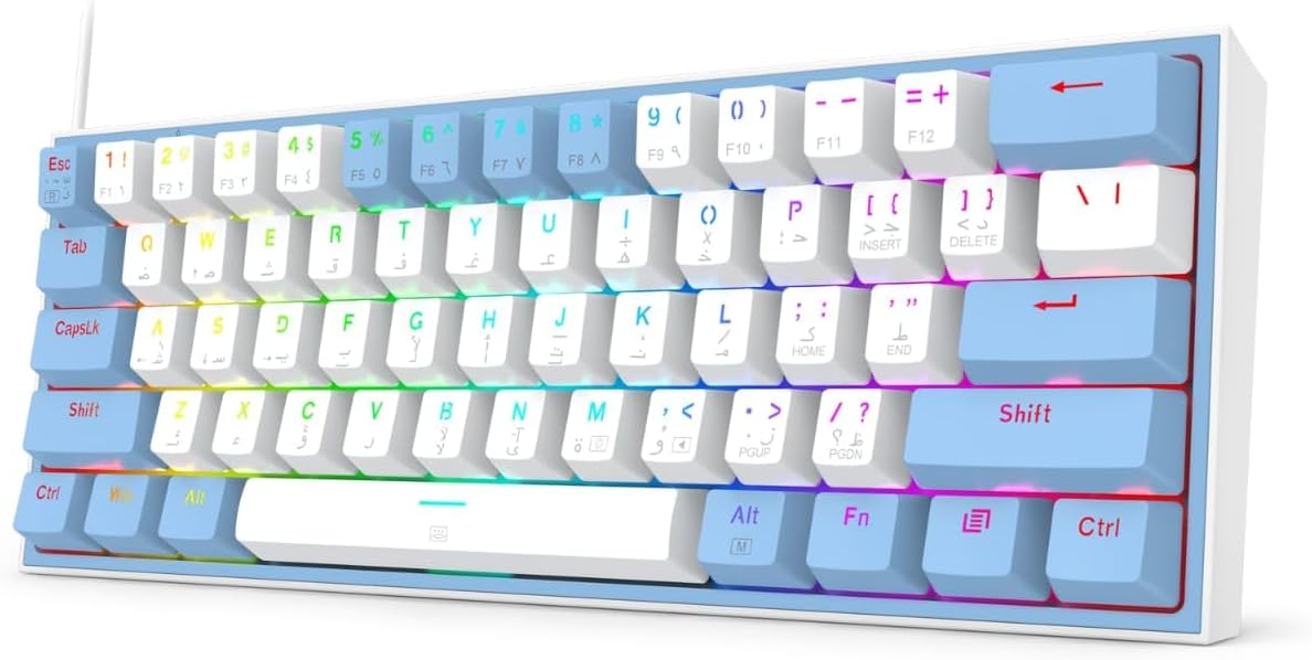 لوحة مفاتيح ميكانيكية Redragon K617 Fizz باللون الأزرق/الأبيض ومفاتيح حمراء RGB Compact 60%