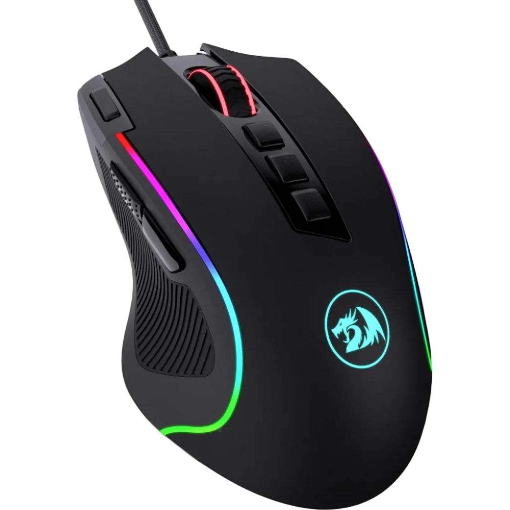A black wired gaming mouse with RGB rainbow lighting accents and a glowing blue dragon logo on the side, shown on a plain white background.