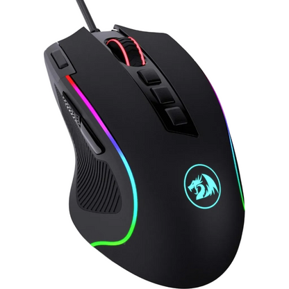 A black wired gaming mouse with RGB rainbow lighting accents and a glowing blue dragon logo on the side, shown on a plain white background.