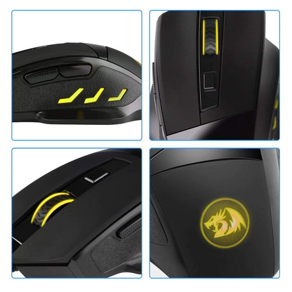 Black Redragon wired gaming mouse with yellow side LEDs and textured grips