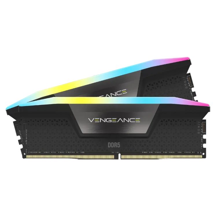 Two Vengeance DDR5 RAM modules with RGB lighting on a white background
