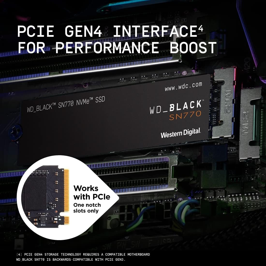قرص SSD NVMe WD Black SN770 سعة 1 تيرابايت PCIe Gen4 x4 بسرعة قراءة تصل إلى 5150 ميجابايت/ثانية وسرعة كتابة تصل إلى 4900 ميجابايت/ثانية