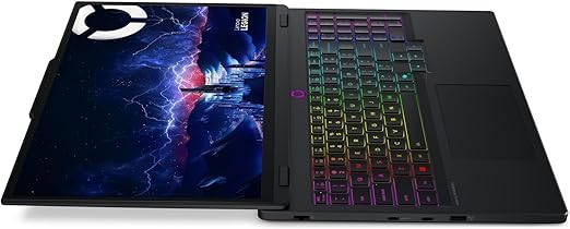 Lenovo Legion gaming laptop open, showing colorful RGB keyboard and gaming display.