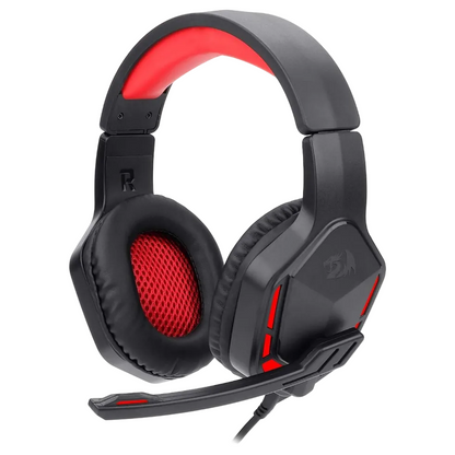 Black gaming headset with red accents on a white background