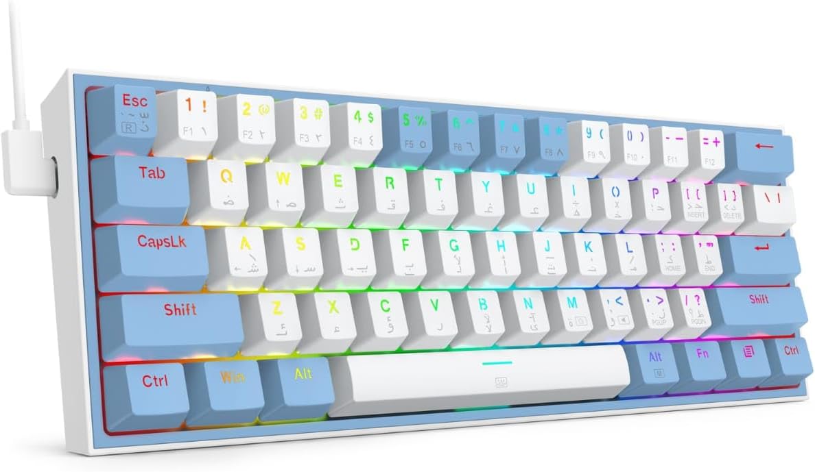 لوحة مفاتيح ميكانيكية Redragon K617 Fizz باللون الأزرق/الأبيض ومفاتيح حمراء RGB Compact 60%
