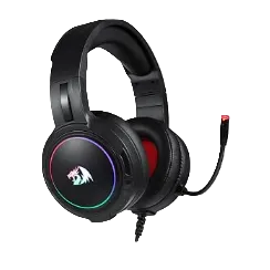 Black over-ear gaming headset with RGB rainbow lighting on the ear cup, a red accent inside the ear cup, and a flexible microphone with a red tip, shown on a white background.