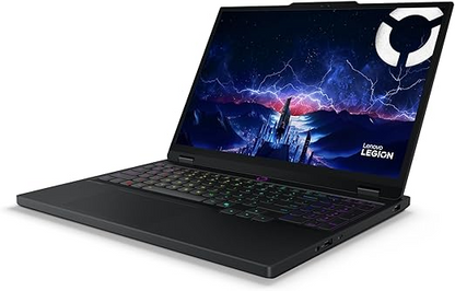 Lenovo Legion gaming laptop angled open, displaying cityscape game art on screen.