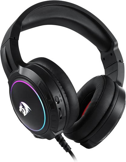 Black over-ear wired gaming headset with RGB-lit earcups and red accent