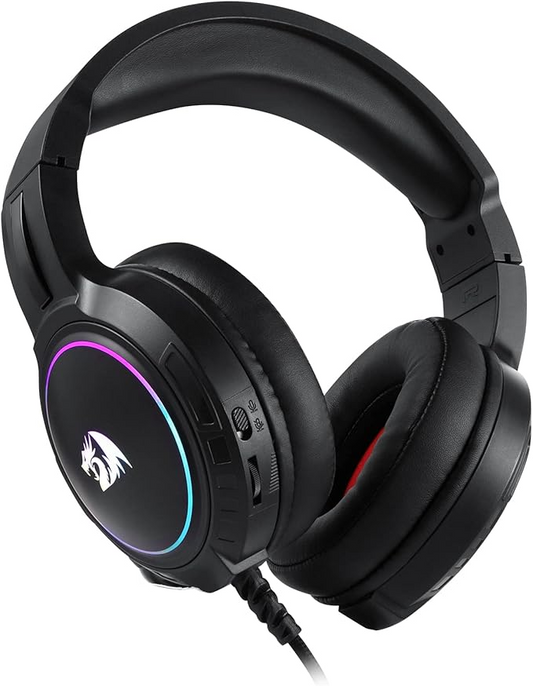 Black over-ear wired gaming headset with RGB-lit earcups and red accent