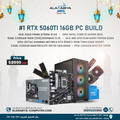 Advertisement for a high-end PC build with components and branding on a light background.
