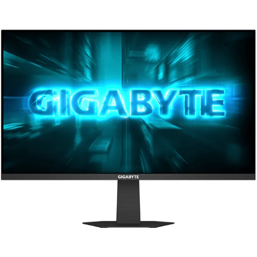 A black Gigabyte computer monitor with a stand, displaying a vibrant blue and cyan 'GIGABYTE' logo on the screen against a dark background.