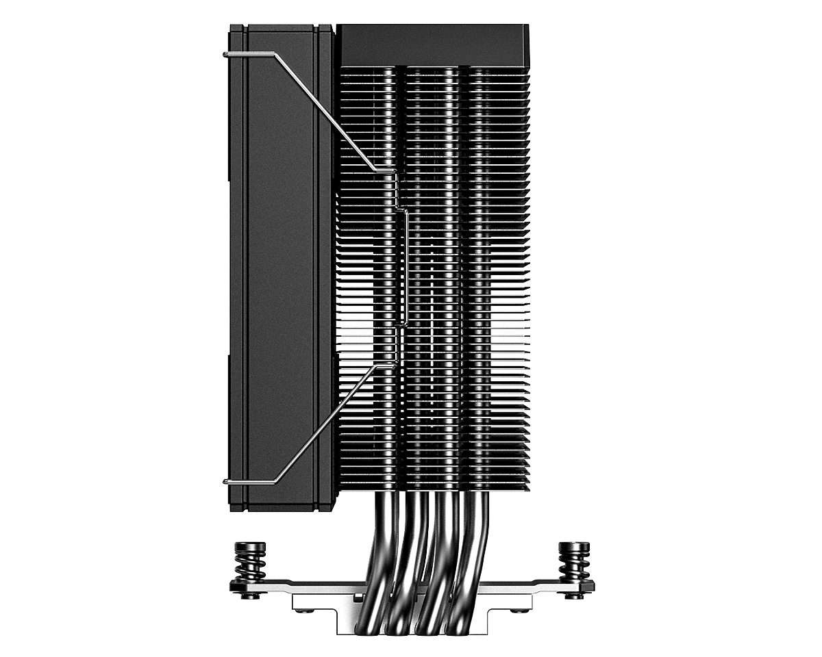 Air CPU cooler with tall black fin stack and visible heat pipes