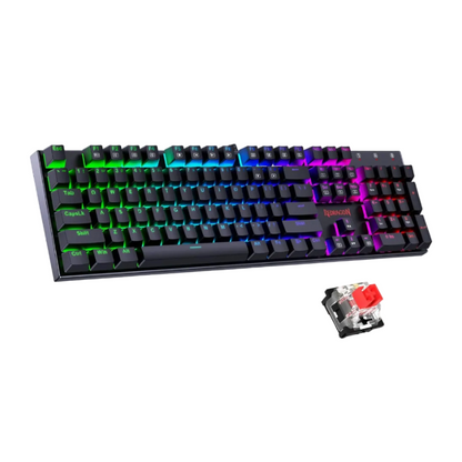 Gaming keyboard with RGB lighting and a close-up of a key switch on a white background