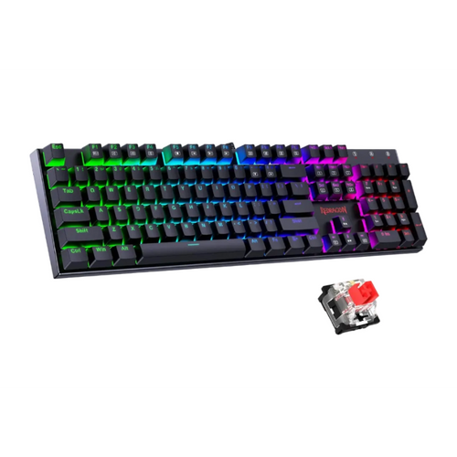Gaming keyboard with RGB lighting and a close-up of a key switch on a white background