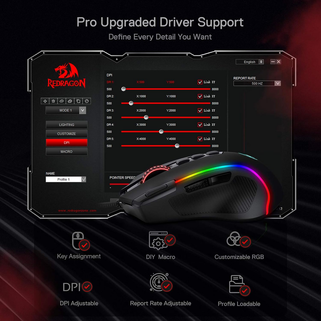 Redragon M612 Predator RGB 8000 DPI 11 Programmable Buttons Wired Gaming Mouse