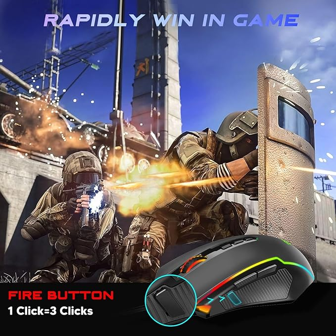 Gaming mouse with a soldier in a combat scenario and text about rapid game wins.