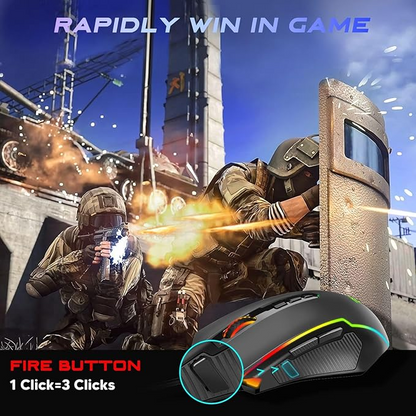 Gaming mouse with a soldier in a combat scenario and text about rapid game wins.