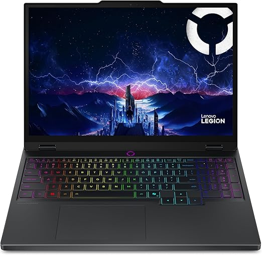 Lenovo Legion gaming laptop front view open, colorful RGB keys and gaming display.