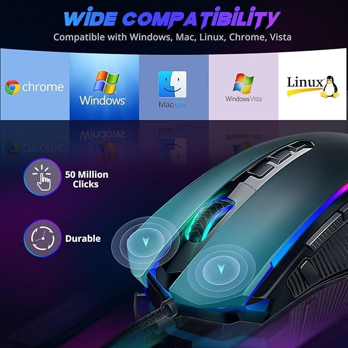 Wired gaming mouse with teal and blue side RGB light accents