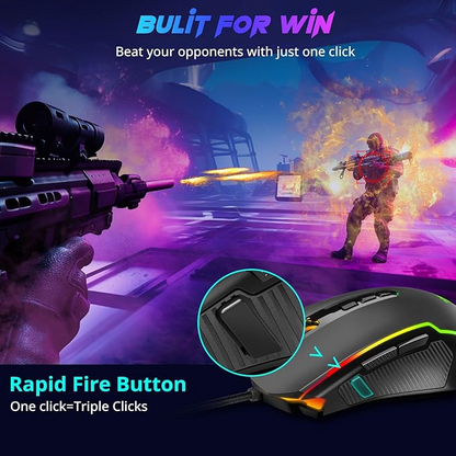 Wired gaming mouse with green trim and highlighted rapid-fire button