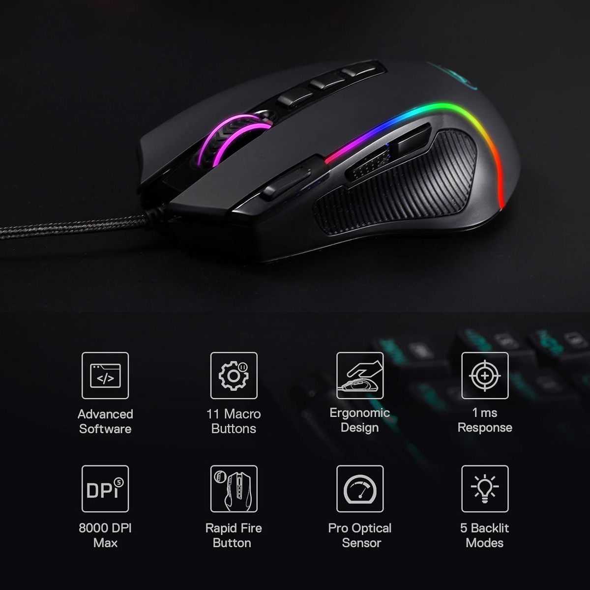 Black wired gaming mouse angled view with multi-color RGB glow