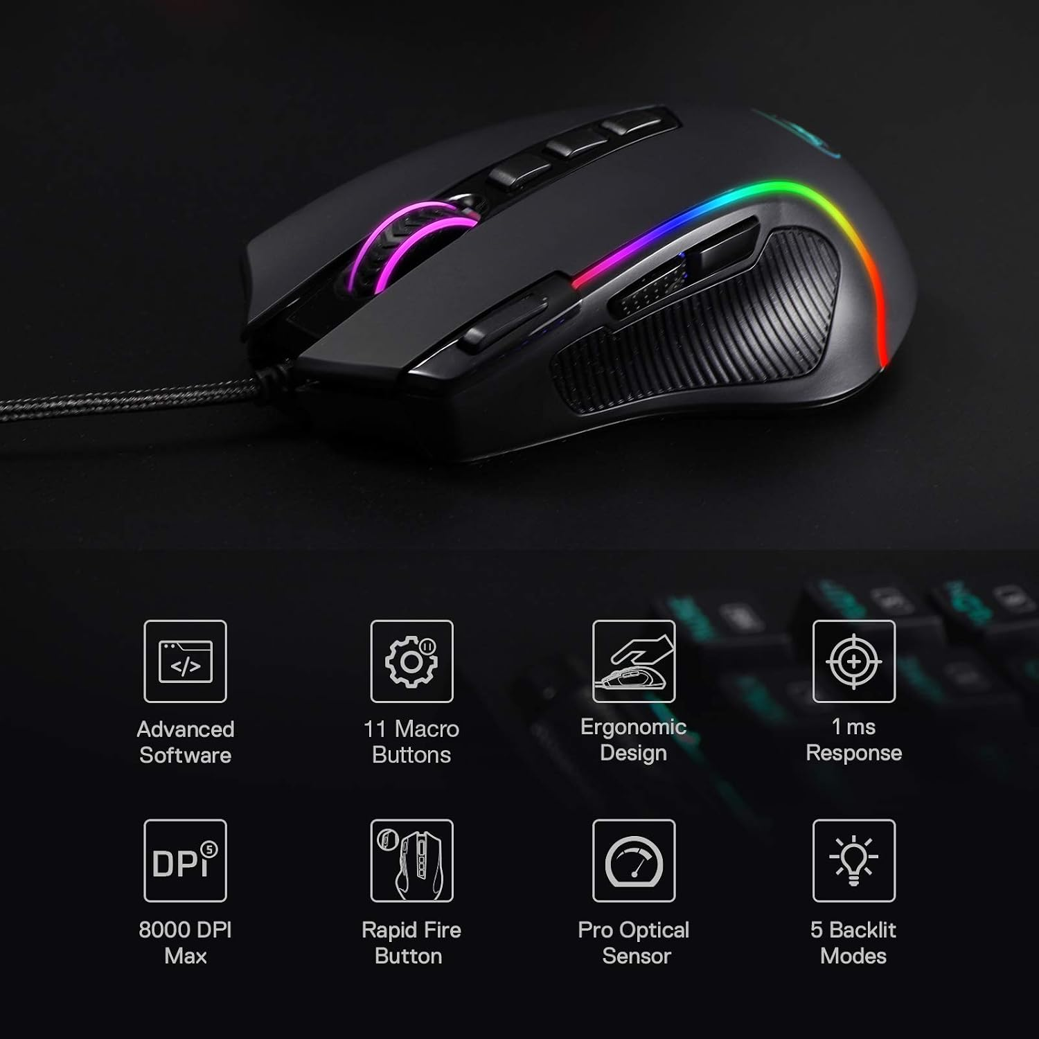 Redragon M612 Predator RGB 8000 DPI 11 Programmable Buttons Wired Gaming Mouse