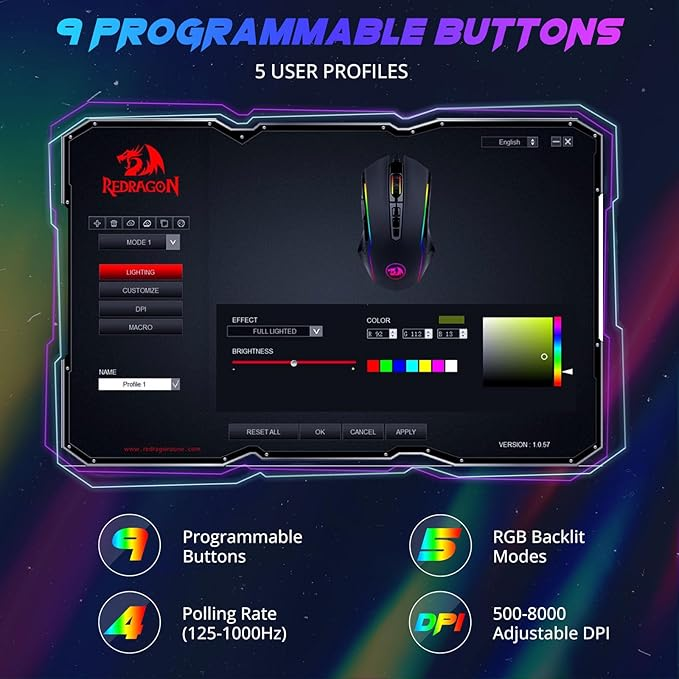Wired gaming mouse with customizable RGB backlit lighting and side buttons
