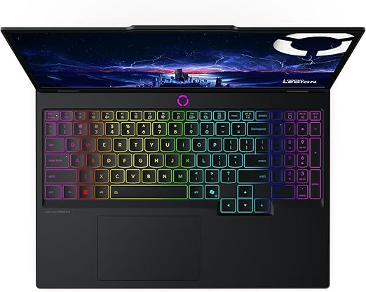 Lenovo Legion gaming laptop keyboard close-up with multi-color RGB backlit keys.