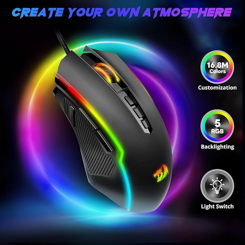 Gaming mouse with RGB lighting effects on a dark background