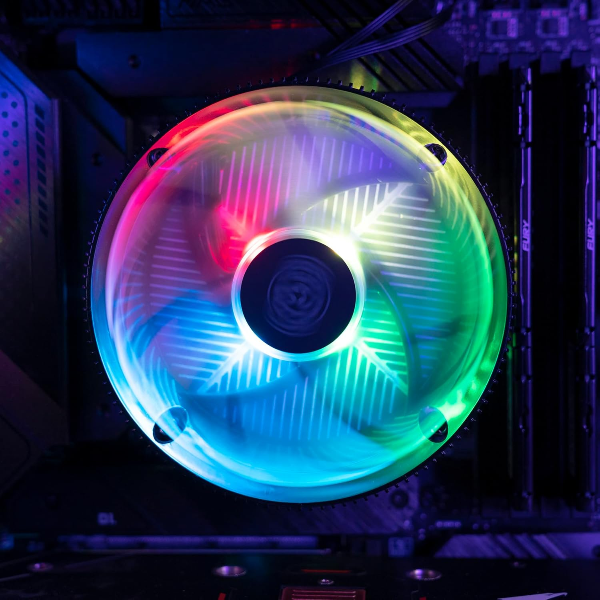 Computer fan with RGB lighting inside a PC case