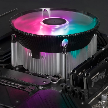 Computer CPU cooler with RGB lighting on a motherboard