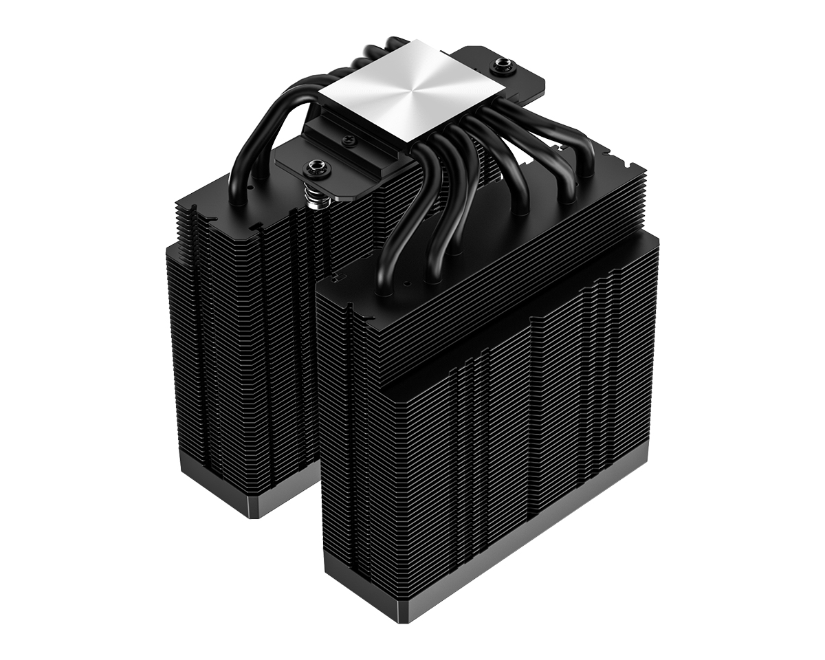 Dual tower air CPU cooler with black fin stacks and U-shaped heatpipes, silver top block