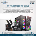 Promotional graphic for an RX 9060XT 16GB PC build bundle, showing a desktop PC tower, graphics cards, RAM, cooler, and retail boxes on a white background with Arabic text and the Alarabi Computer logo.